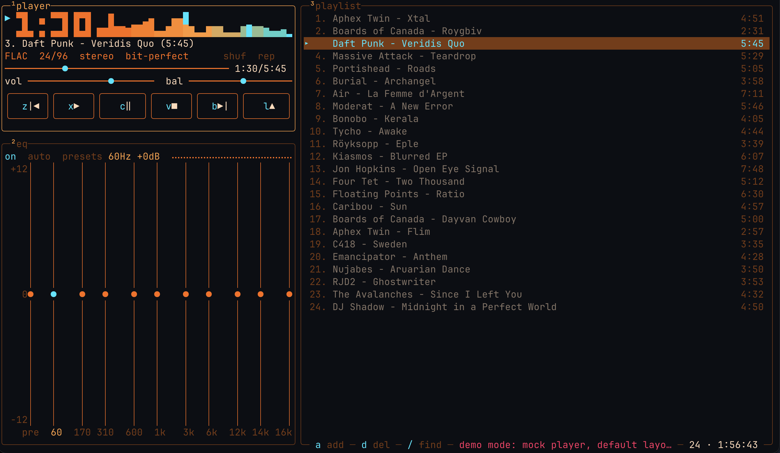 Ampwire terminal interface showing the player, spectrum, equalizer and playlist panels while playing a 24/96 FLAC